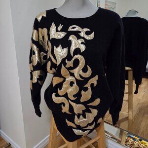 Vintage wool angora sweater with lamé appliqué large